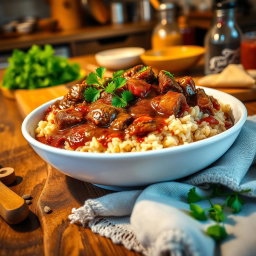 A mouthwatering dish of Rindsgulasch (beef goulash) served with fluffy brown rice on a rustic wooden table, drizzled with rich, flavorful gravy