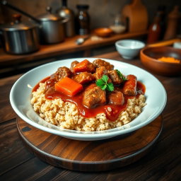 A mouthwatering dish of Rindsgulasch (beef goulash) served with fluffy brown rice on a rustic wooden table, drizzled with rich, flavorful gravy