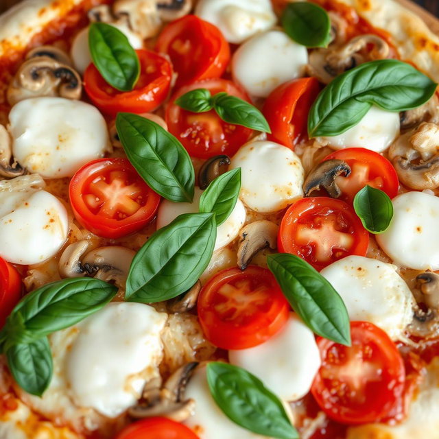 A delicious pizza featuring a harmonious blend of fresh, crunchy onions, ripe juicy tomatoes, and tender mushrooms, all topped with a generous layer of gooey mozzarella cheese