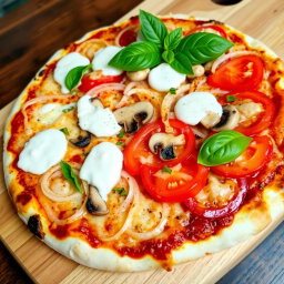 A delicious pizza featuring a harmonious blend of fresh, crunchy onions, ripe juicy tomatoes, and tender mushrooms, all topped with a generous layer of gooey mozzarella cheese