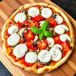 A delicious pizza featuring a harmonious blend of fresh, crunchy onions, ripe juicy tomatoes, and tender mushrooms, all topped with a generous layer of gooey mozzarella cheese