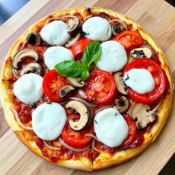 A delicious pizza featuring a harmonious blend of fresh, crunchy onions, ripe juicy tomatoes, and tender mushrooms, all topped with a generous layer of gooey mozzarella cheese
