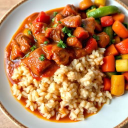 A delicious plate of Rindsgulasch (beef goulash) served over fluffy brown rice, garnished with fresh herbs, and accompanied by a side of colorful sautéed vegetables