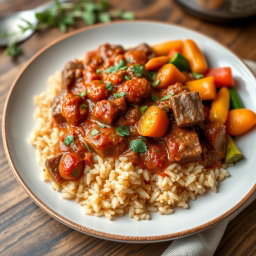 A delicious plate of Rindsgulasch (beef goulash) served over fluffy brown rice, garnished with fresh herbs, and accompanied by a side of colorful sautéed vegetables