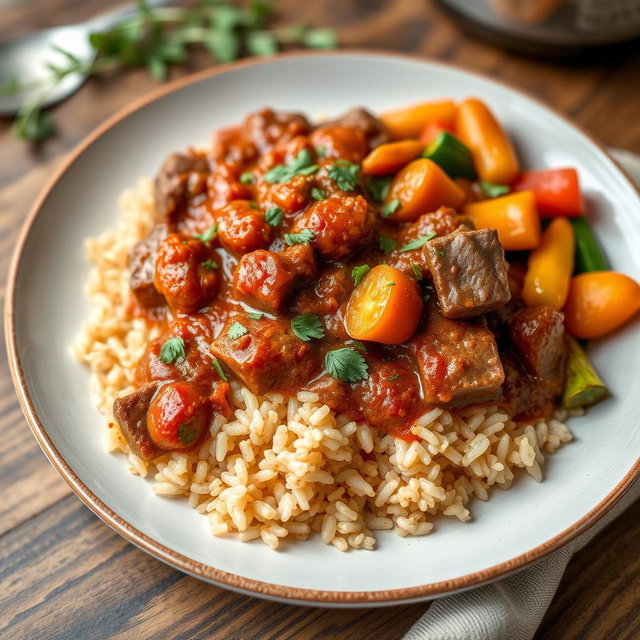 A delicious plate of Rindsgulasch (beef goulash) served over fluffy brown rice, garnished with fresh herbs, and accompanied by a side of colorful sautéed vegetables