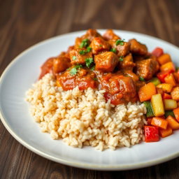 A delicious plate of Rindsgulasch (beef goulash) served over fluffy brown rice, garnished with fresh herbs, and accompanied by a side of colorful sautéed vegetables