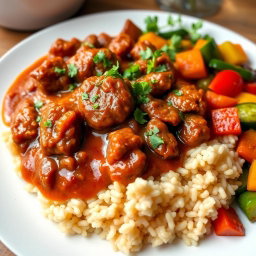 A delicious plate of Rindsgulasch (beef goulash) served over fluffy brown rice, garnished with fresh herbs, and accompanied by a side of colorful sautéed vegetables