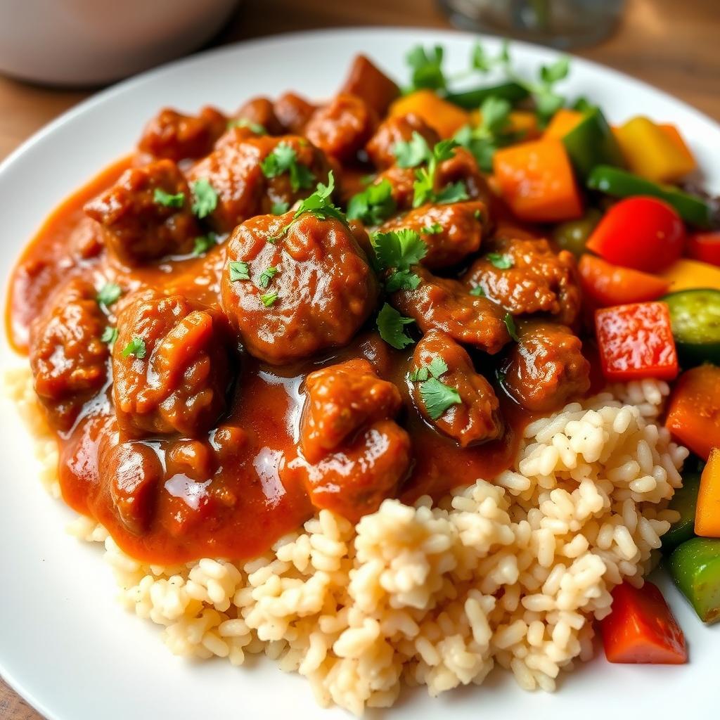 A delicious plate of Rindsgulasch (beef goulash) served over fluffy brown rice, garnished with fresh herbs, and accompanied by a side of colorful sautéed vegetables