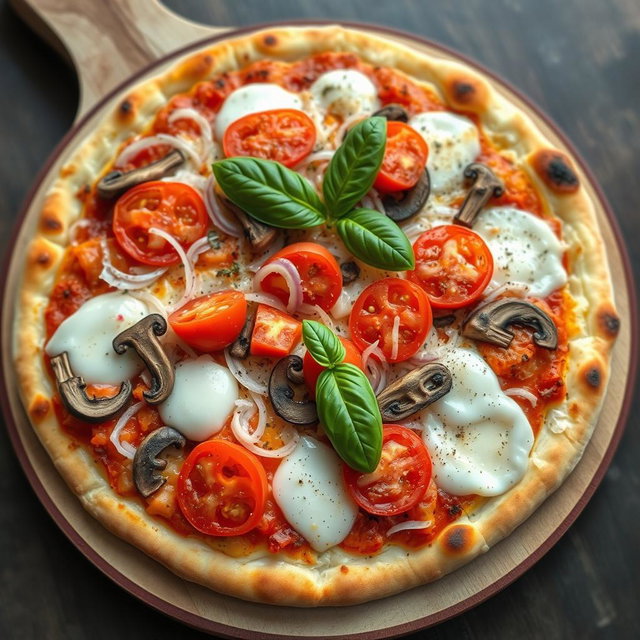 A delicious pizza crafted with fresh, crunchy onions, succulent juicy tomatoes, and tender mushrooms, all layered generously with melty mozzarella cheese