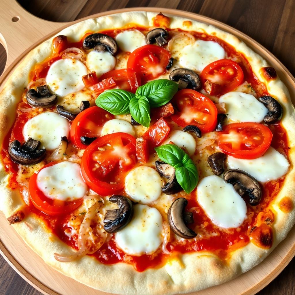 A delicious pizza crafted with fresh, crunchy onions, succulent juicy tomatoes, and tender mushrooms, all layered generously with melty mozzarella cheese