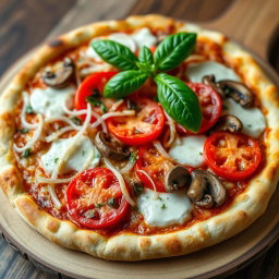 A delicious pizza crafted with fresh, crunchy onions, succulent juicy tomatoes, and tender mushrooms, all layered generously with melty mozzarella cheese