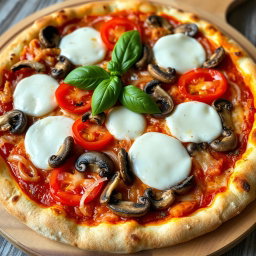 A delicious pizza crafted with fresh, crunchy onions, succulent juicy tomatoes, and tender mushrooms, all layered generously with melty mozzarella cheese