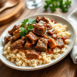 A delicious plate of Rindsgulasch served over a bed of fluffy brown rice