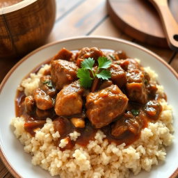A delicious plate of Rindsgulasch served over a bed of fluffy brown rice