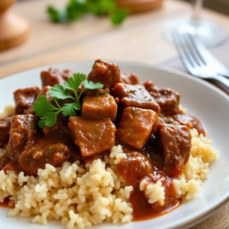 A delicious plate of Rindsgulasch served over a bed of fluffy brown rice
