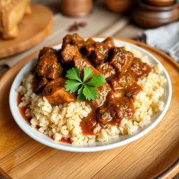 A delicious plate of Rindsgulasch served over a bed of fluffy brown rice