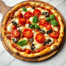 An appetizing pizza featuring a delightful combination of fresh, crunchy onions, succulent juicy tomatoes, and tender mushrooms, generously topped with melted mozzarella cheese