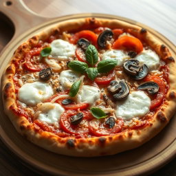 An appetizing pizza featuring a delightful combination of fresh, crunchy onions, succulent juicy tomatoes, and tender mushrooms, generously topped with melted mozzarella cheese