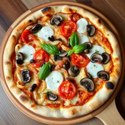 An appetizing pizza featuring a delightful combination of fresh, crunchy onions, succulent juicy tomatoes, and tender mushrooms, generously topped with melted mozzarella cheese