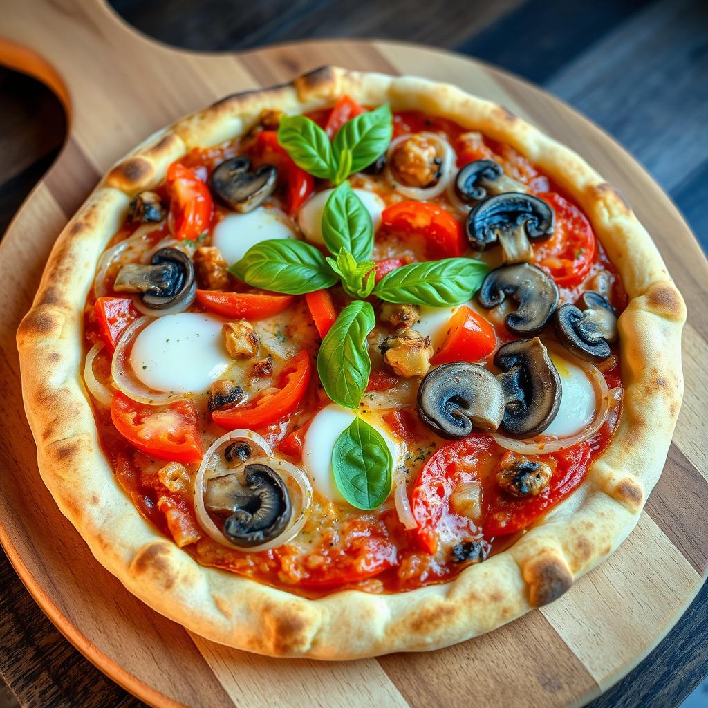 An appetizing pizza featuring a delightful combination of fresh, crunchy onions, succulent juicy tomatoes, and tender mushrooms, generously topped with melted mozzarella cheese