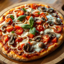 A mouthwatering pizza loaded with fresh, crunchy onions, succulent juicy tomatoes, and tender mushrooms, all generously topped with melted mozzarella cheese
