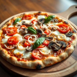 A mouthwatering pizza loaded with fresh, crunchy onions, succulent juicy tomatoes, and tender mushrooms, all generously topped with melted mozzarella cheese