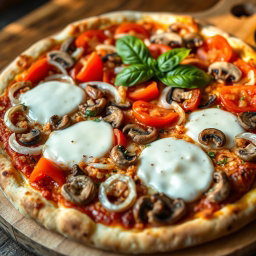 A mouthwatering pizza loaded with fresh, crunchy onions, succulent juicy tomatoes, and tender mushrooms, all generously topped with melted mozzarella cheese