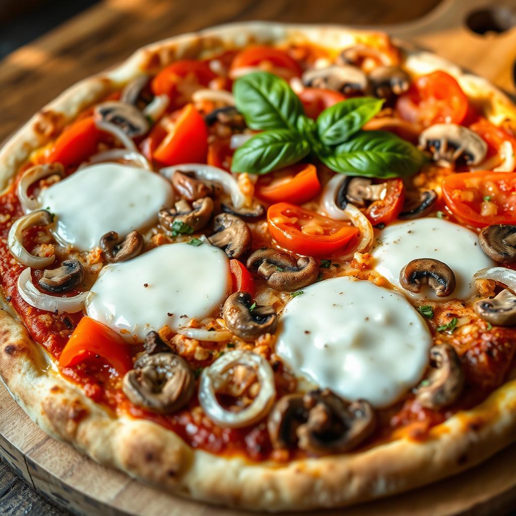 A mouthwatering pizza loaded with fresh, crunchy onions, succulent juicy tomatoes, and tender mushrooms, all generously topped with melted mozzarella cheese