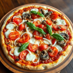 A mouthwatering pizza loaded with fresh, crunchy onions, succulent juicy tomatoes, and tender mushrooms, all generously topped with melted mozzarella cheese