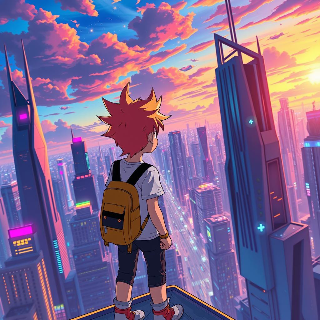 A vibrant scene of a futuristic city skyline during sunset in anime style, featuring sleek skyscrapers with neon lights, flying cars zooming by, and a colorful sky filled with clouds and stars