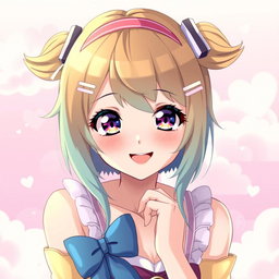 A young woman styled as an anime waifu, featuring vibrant colored hair, large expressive eyes, and a cheerful expression