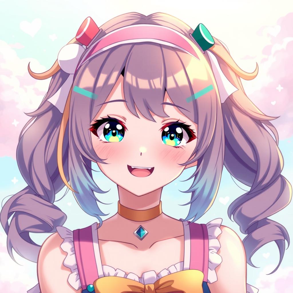 A young woman styled as an anime waifu, featuring vibrant colored hair, large expressive eyes, and a cheerful expression