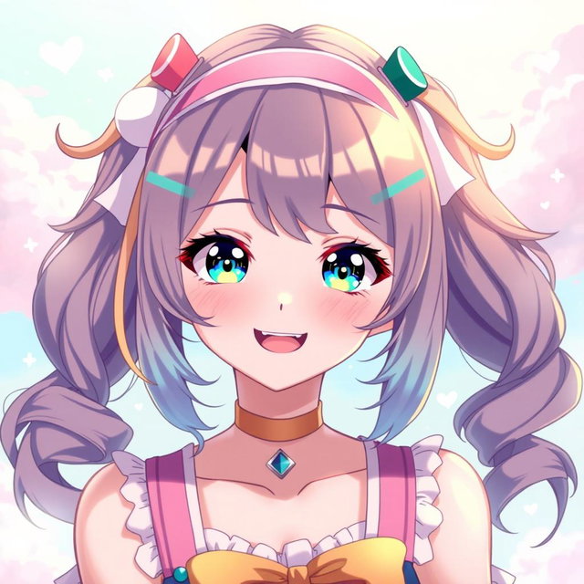 A young woman styled as an anime waifu, featuring vibrant colored hair, large expressive eyes, and a cheerful expression