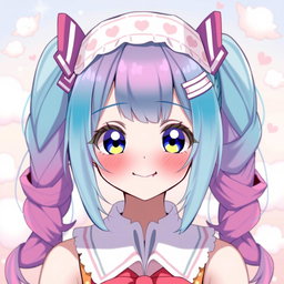 A young woman styled as an anime waifu, featuring vibrant colored hair, large expressive eyes, and a cheerful expression
