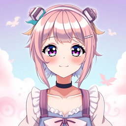A young woman styled as an anime waifu, featuring vibrant colored hair, large expressive eyes, and a cheerful expression