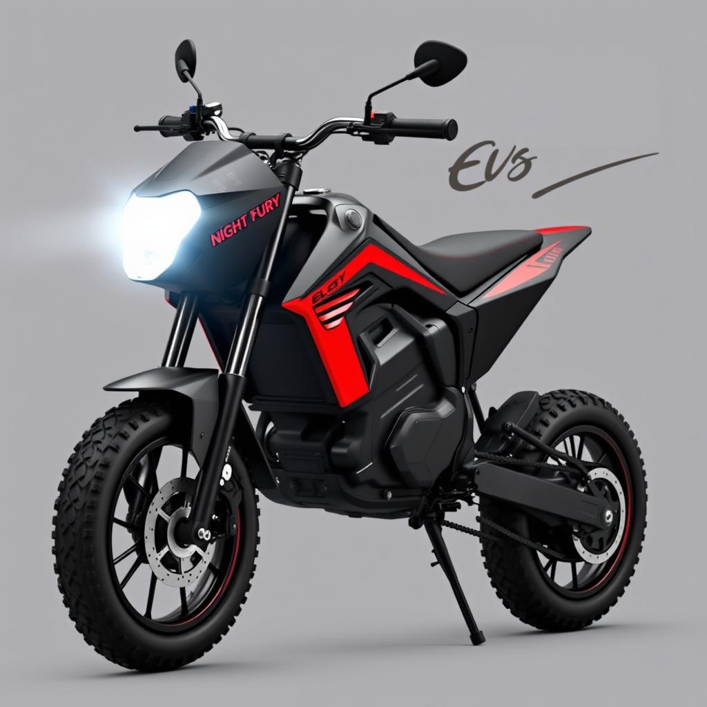 A unique electric pit bike with sharp contours and a sleek design, featuring a fashionable and modern look in a striking black and red color scheme