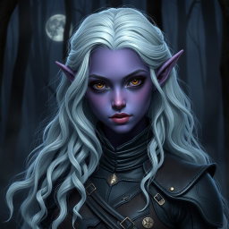 A beautiful young nocturnal elf of the moon and shadows, with skin in a rich amethyst purple tone