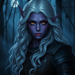 A beautiful young nocturnal elf of the moon and shadows, with skin in a rich amethyst purple tone