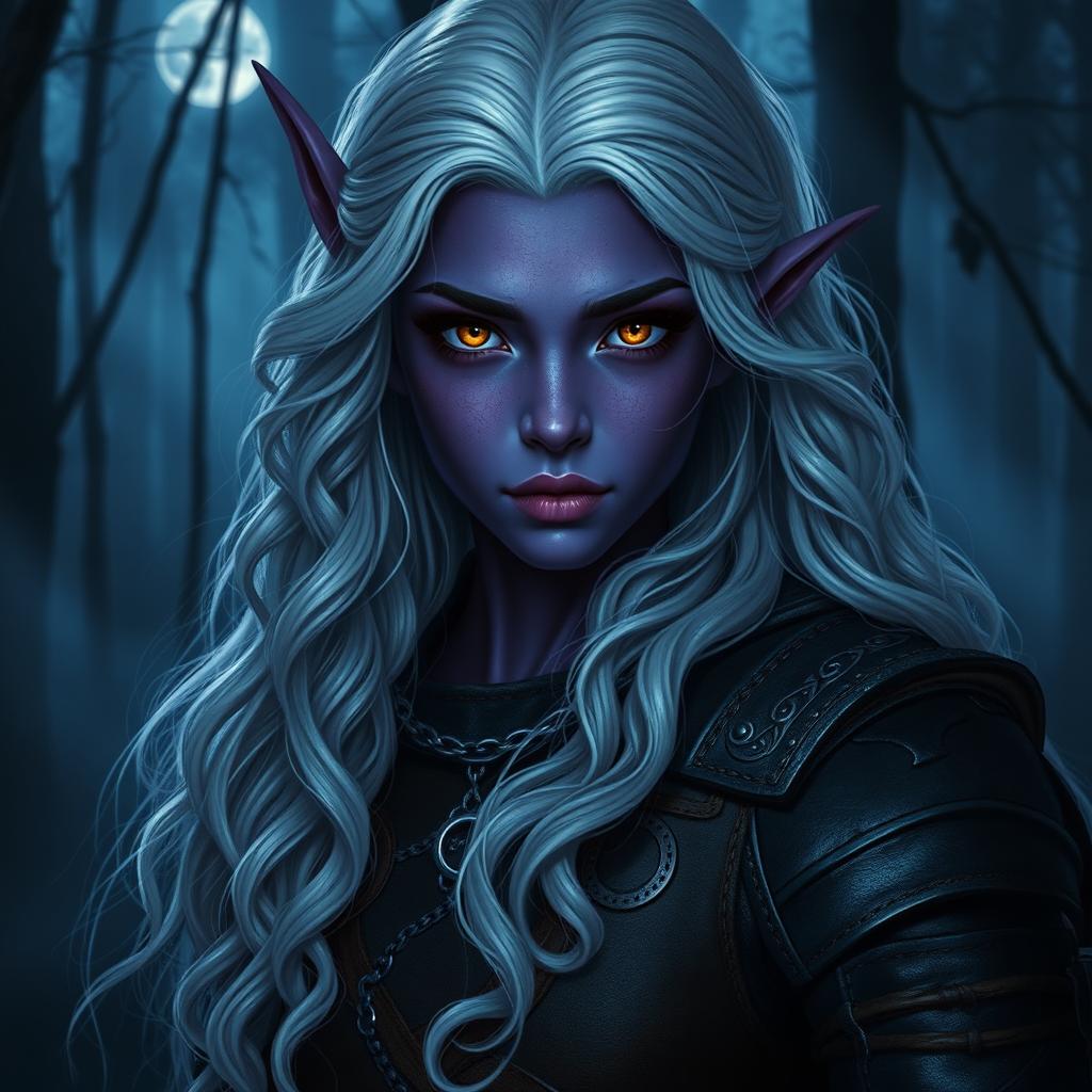 A beautiful young nocturnal elf of the moon and shadows, with skin in a rich amethyst purple tone