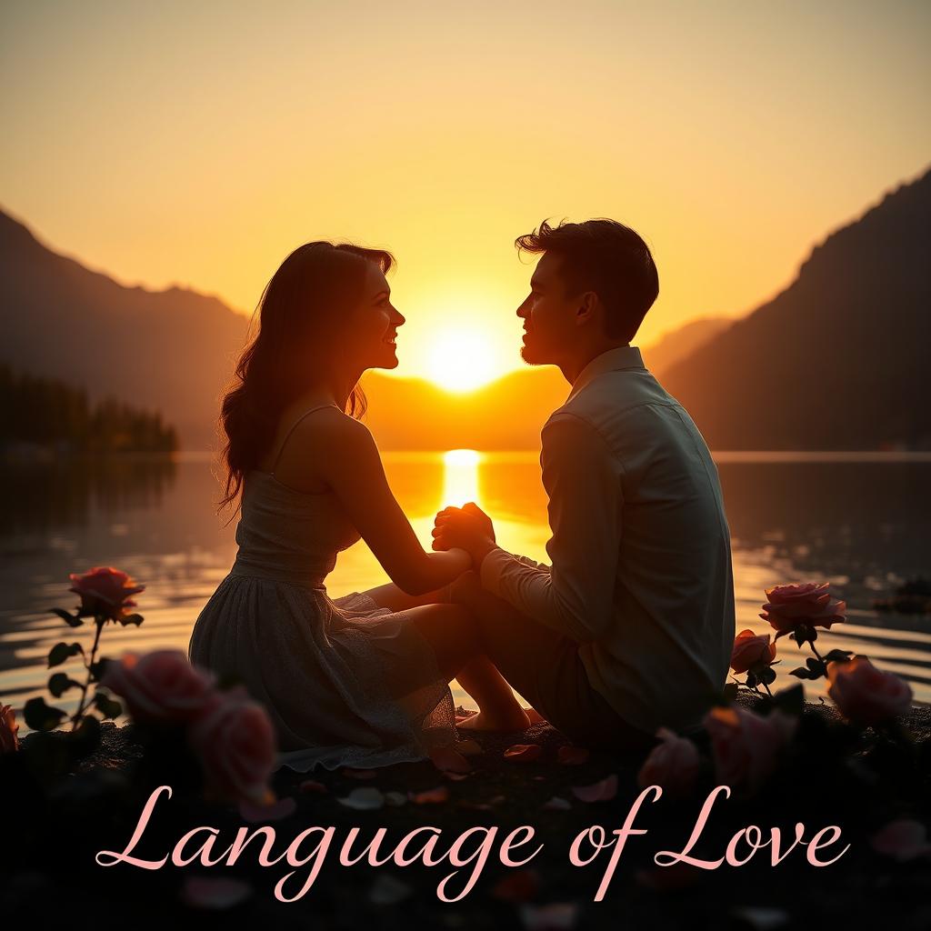 A romantic scene capturing the essence of love, featuring a couple sitting by a serene lake during sunset, their silhouettes illuminated by the warm golden light