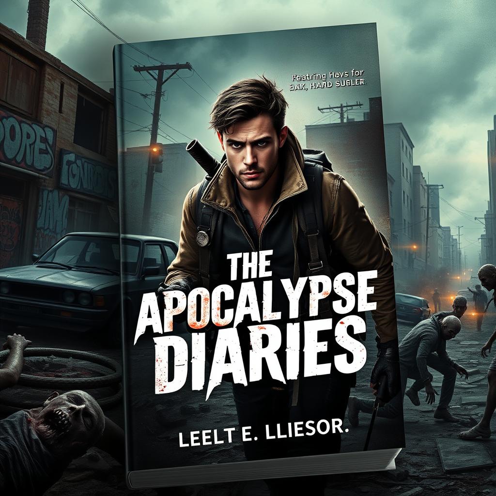 A gripping book cover for 'The Apocalypse Diaries', showcasing a young adult male protagonist in a desolate, post-apocalyptic world plagued by zombies