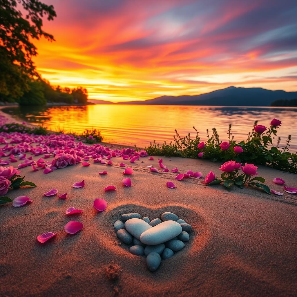 A tranquil scene that embodies the essence of love, showcasing a beautiful lakeside at sunset with vibrant colors painting the sky in shades of orange, pink, and purple