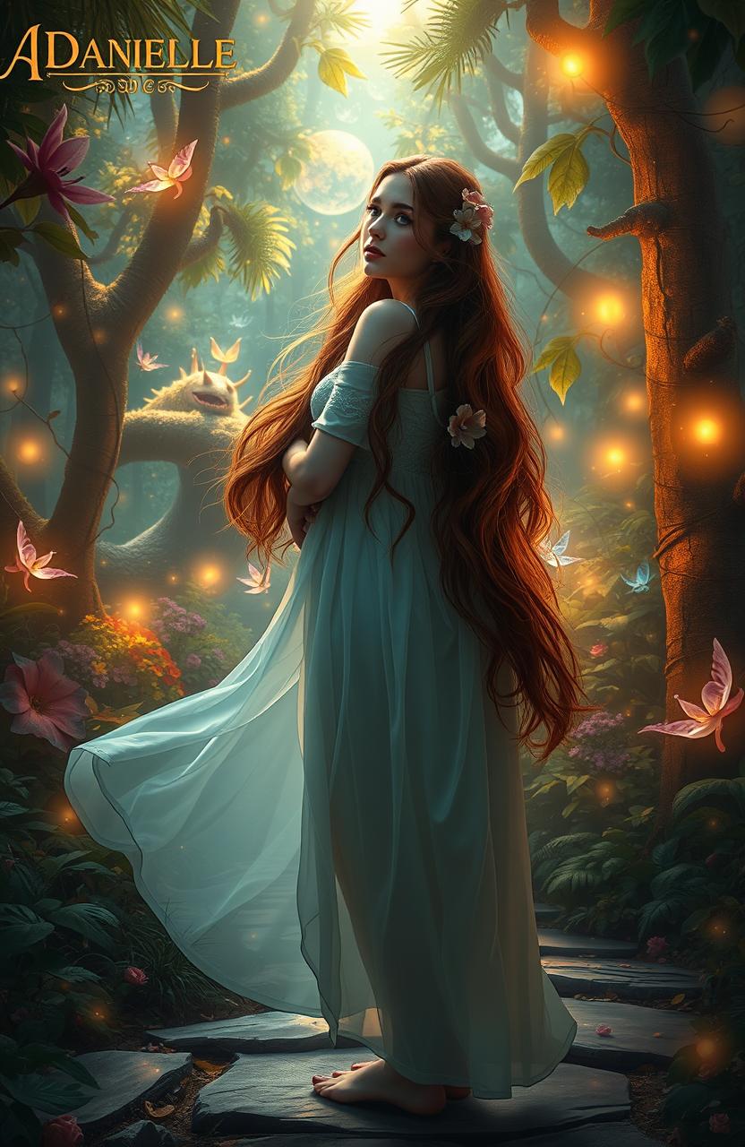A mysterious and intriguing scene showcasing a woman named Danielle, depicted in a lush, enchanted forest filled with vibrant, mystical flora and soft, glowing lights