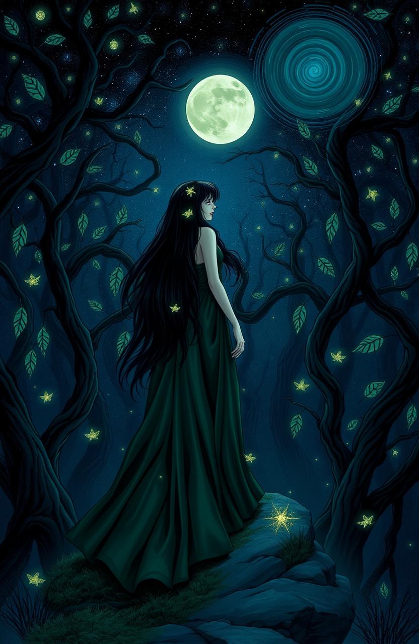 A mysterious scene depicting a character named Danielle in a dark, enchanting forest