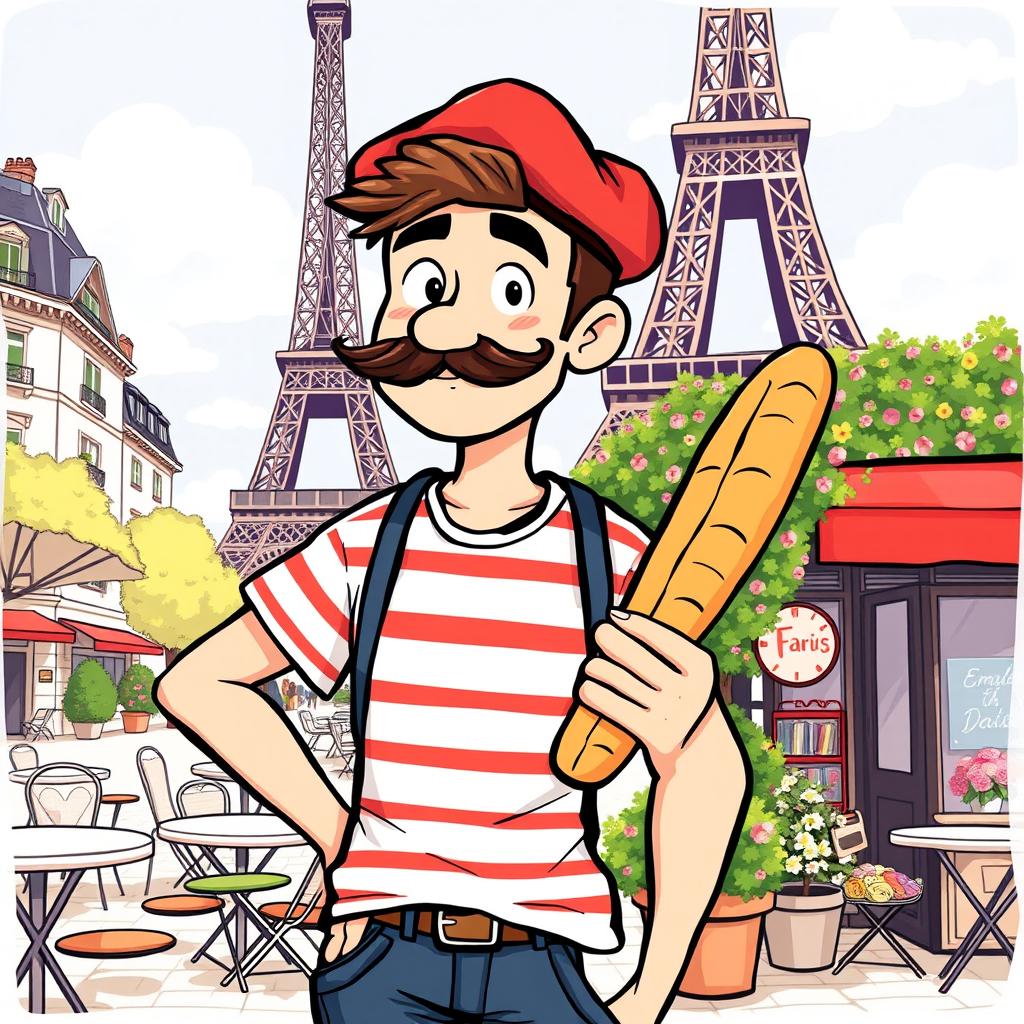 A fun and whimsical illustration of a male character embodying French stereotypes, wearing a classic striped t-shirt and a beret, sporting a thick French moustache