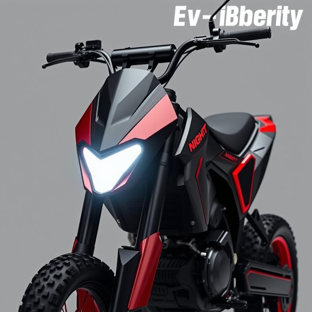 A unique electric pit bike with sharp contours and a sleek, yet strict design, featuring a fashionable and modern aesthetic in a black and red color scheme
