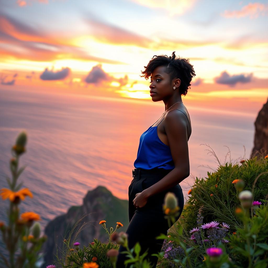 A captivating scene titled 'Unrevealed Story of Danielle', featuring a Black woman standing at the edge of a cliff, gazing into her future