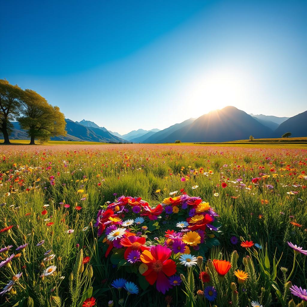 An enchanting scene that represents the concept of 'Love Unbound', featuring a vast field of wildflowers in a myriad of colors, dancing gently in the breeze under a bright, clear blue sky