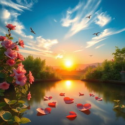 A serene landscape representing the theme of love, featuring soft pink and red flowers blooming under a gentle golden sunset