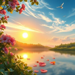A serene landscape representing the theme of love, featuring soft pink and red flowers blooming under a gentle golden sunset